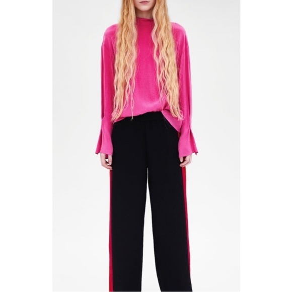 NWT Zara High Rise Wide Leg Black Pants with Red and Pink Bold Stripe - Picture 2 of 8